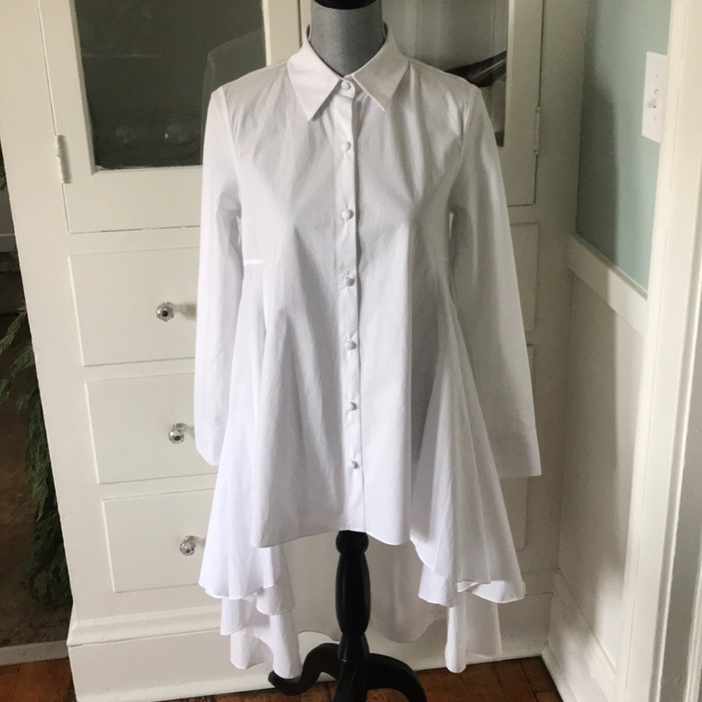 $495 Neiman Marcus CO white poplin dramatic waterfall tunic shirt S